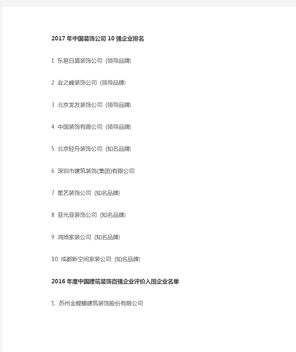 中国装饰公司100强企业排名