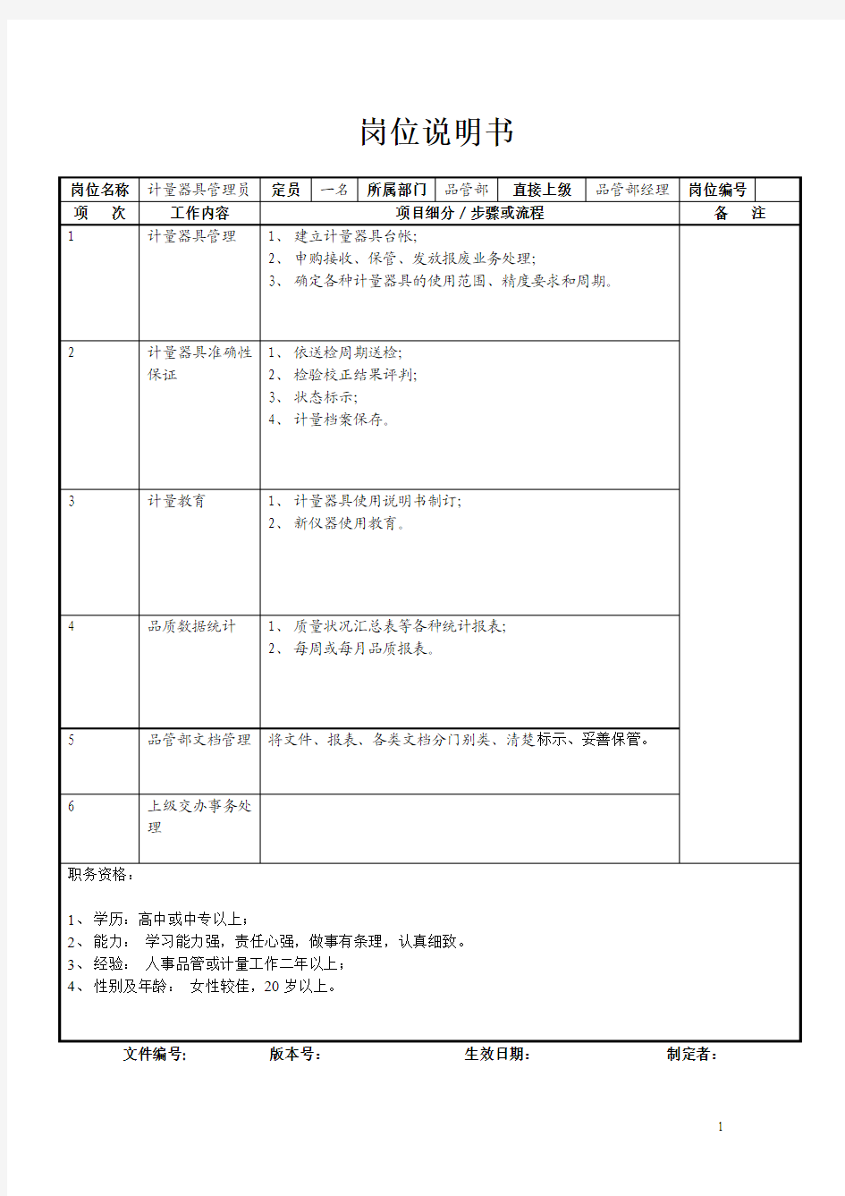 计量器具管理员岗位职责说明书