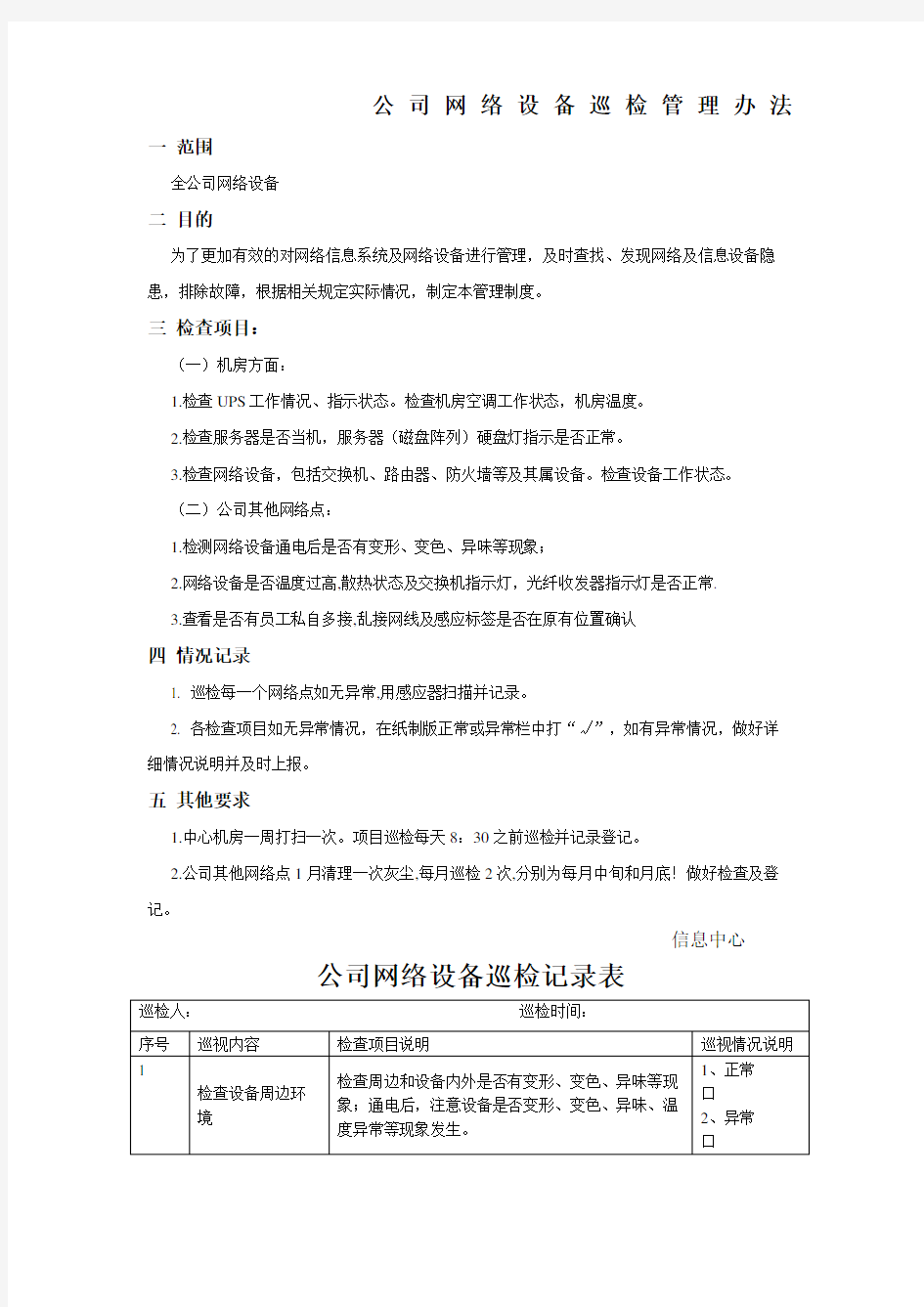 公司网络设备管理办法及巡检记录原版