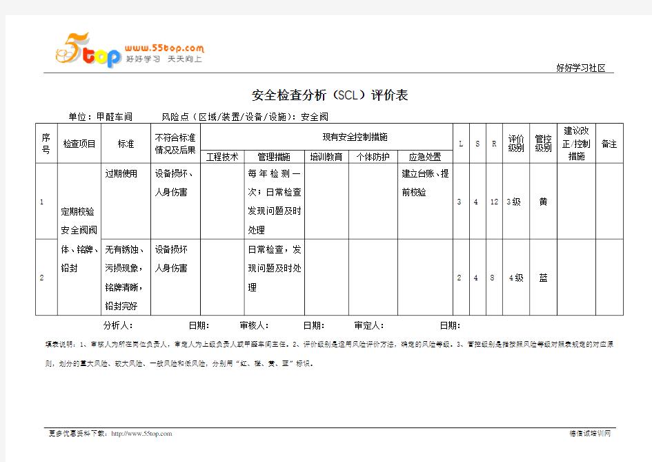 安全阀安全检查分析SCL评价表