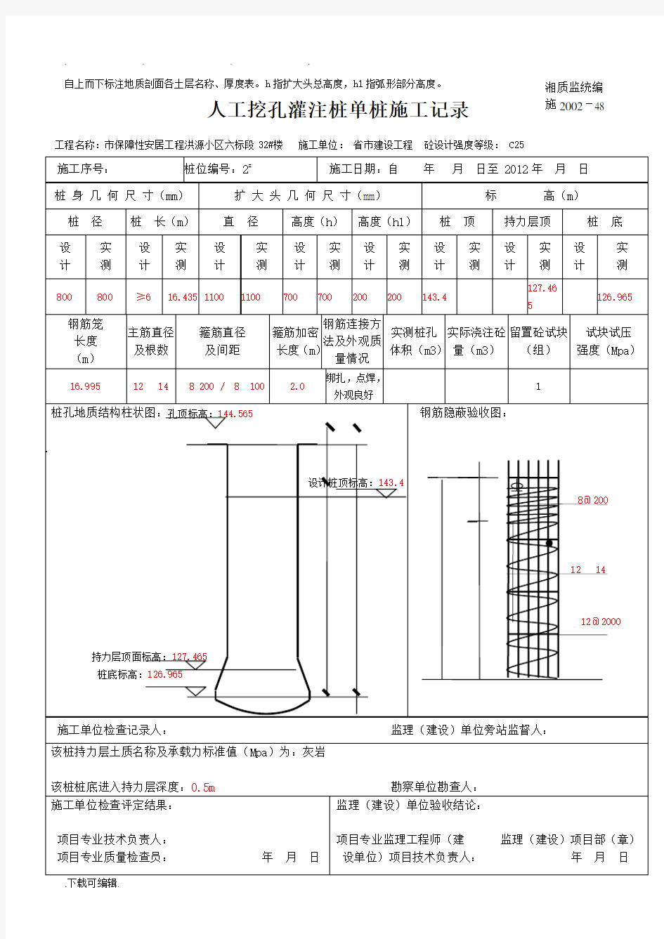 人工挖孔灌注桩单桩施工记录文本