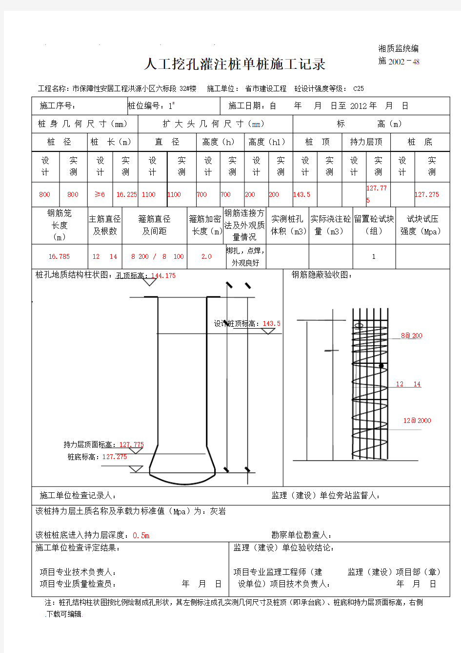 人工挖孔灌注桩单桩施工记录文本