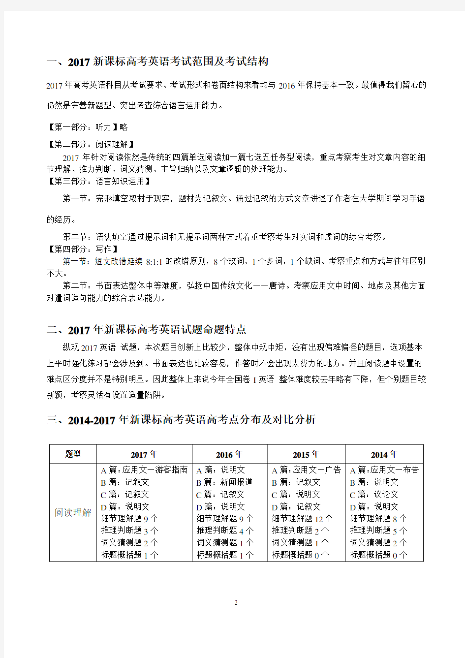 2017年高考英语试卷全国I卷详细分析