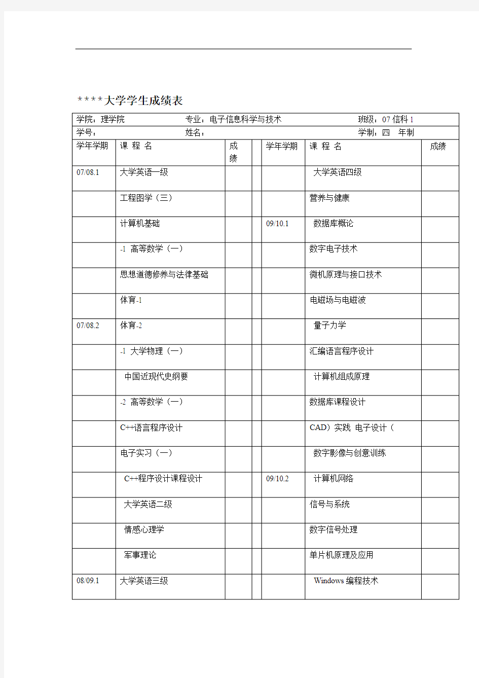 大学毕业成绩单