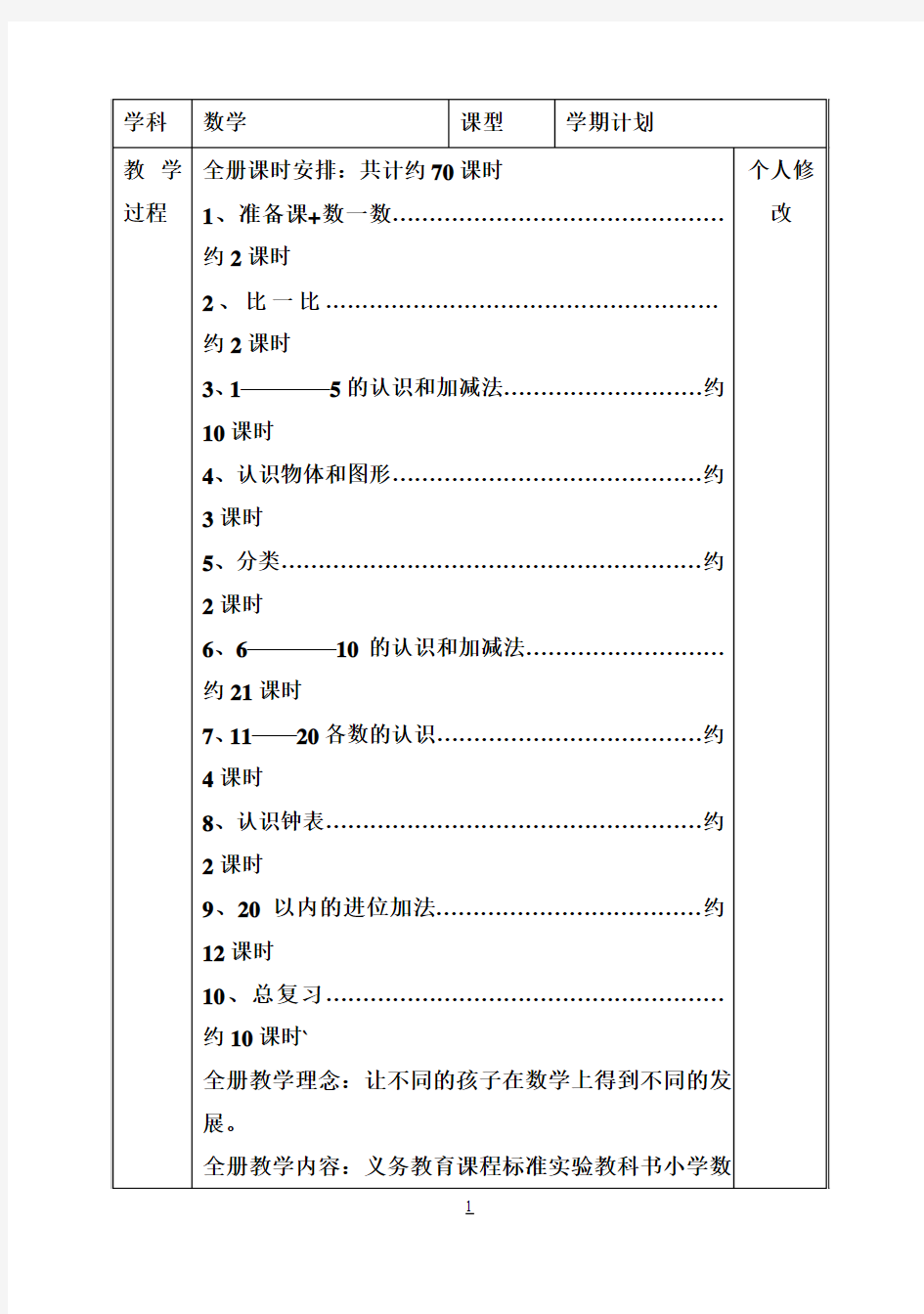 人教版小学一年级上册数学全册教案表格式