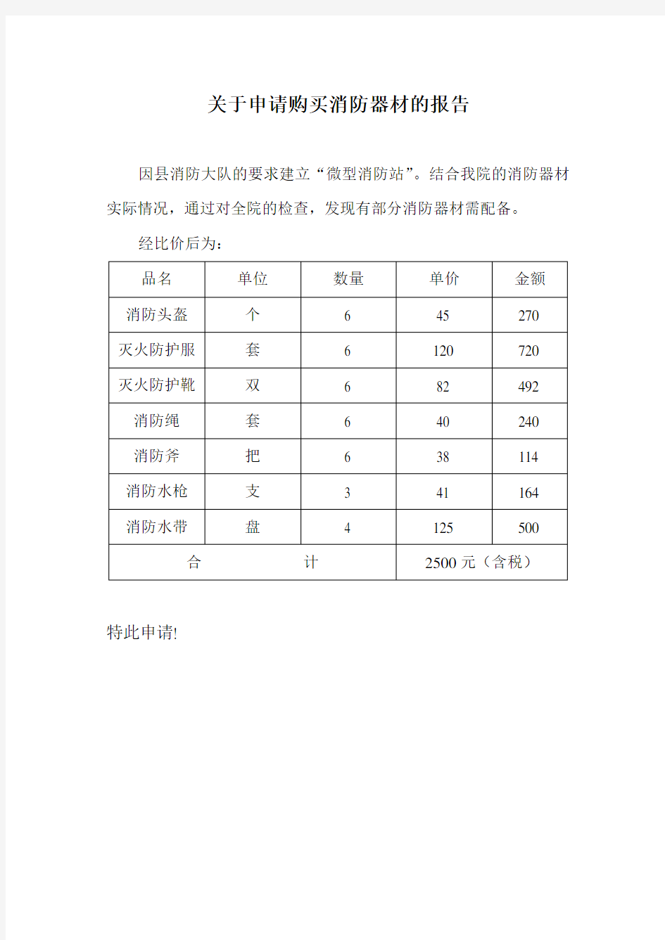 关于申请购买消防器材的报告