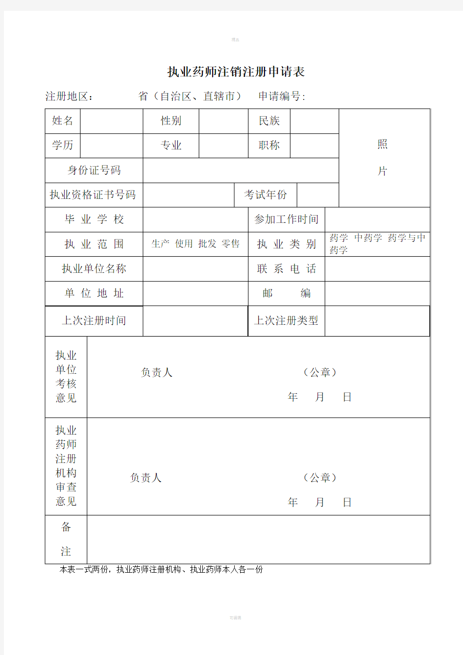 执业药师注销注册申请表