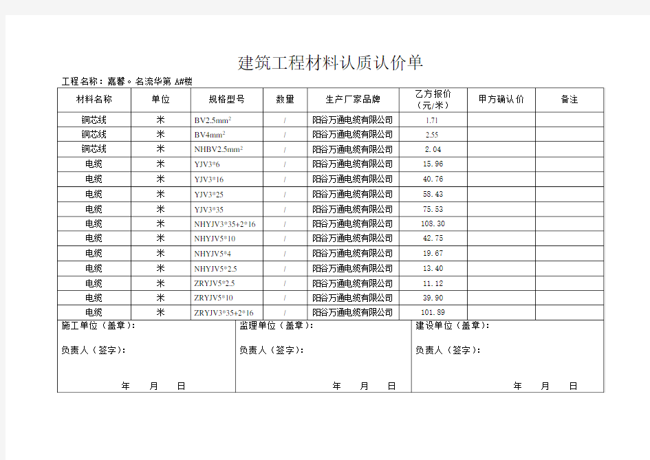 建筑工程材料认质认价单甲方批价单