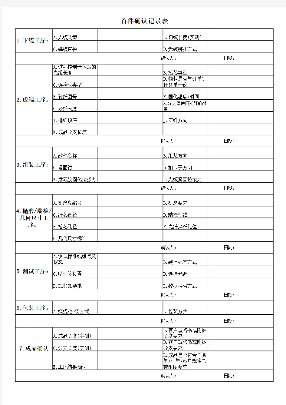 工序首件确认记录表