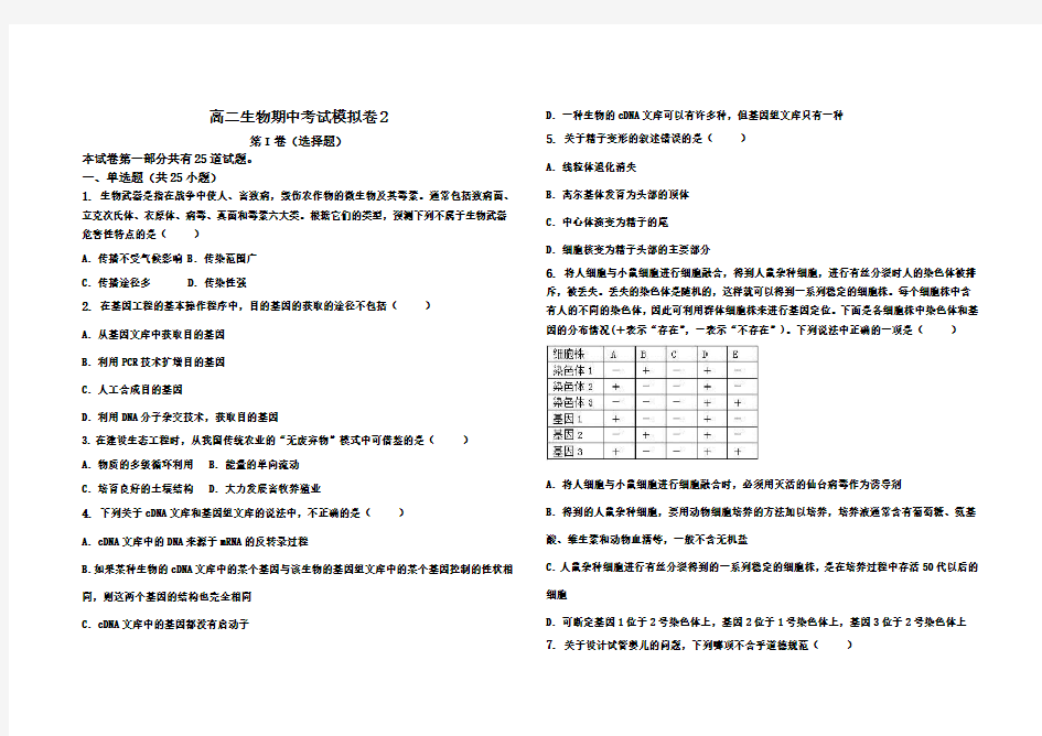 高二生物期中考试模拟卷