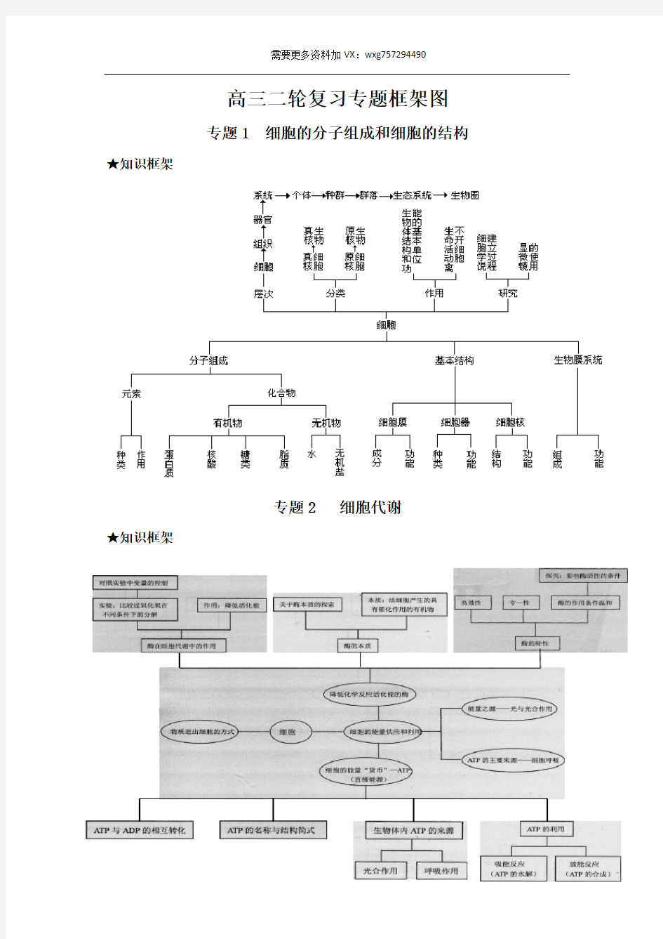 高三生物二轮复习专题框架图