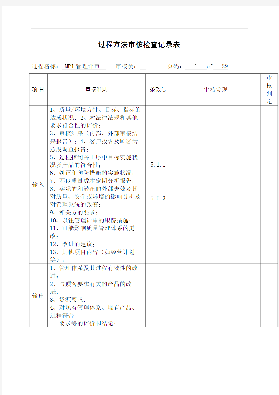 过程方法审核检查表