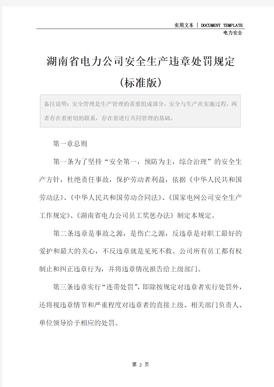 湖南省电力公司安全生产违章处罚规定(标准版)