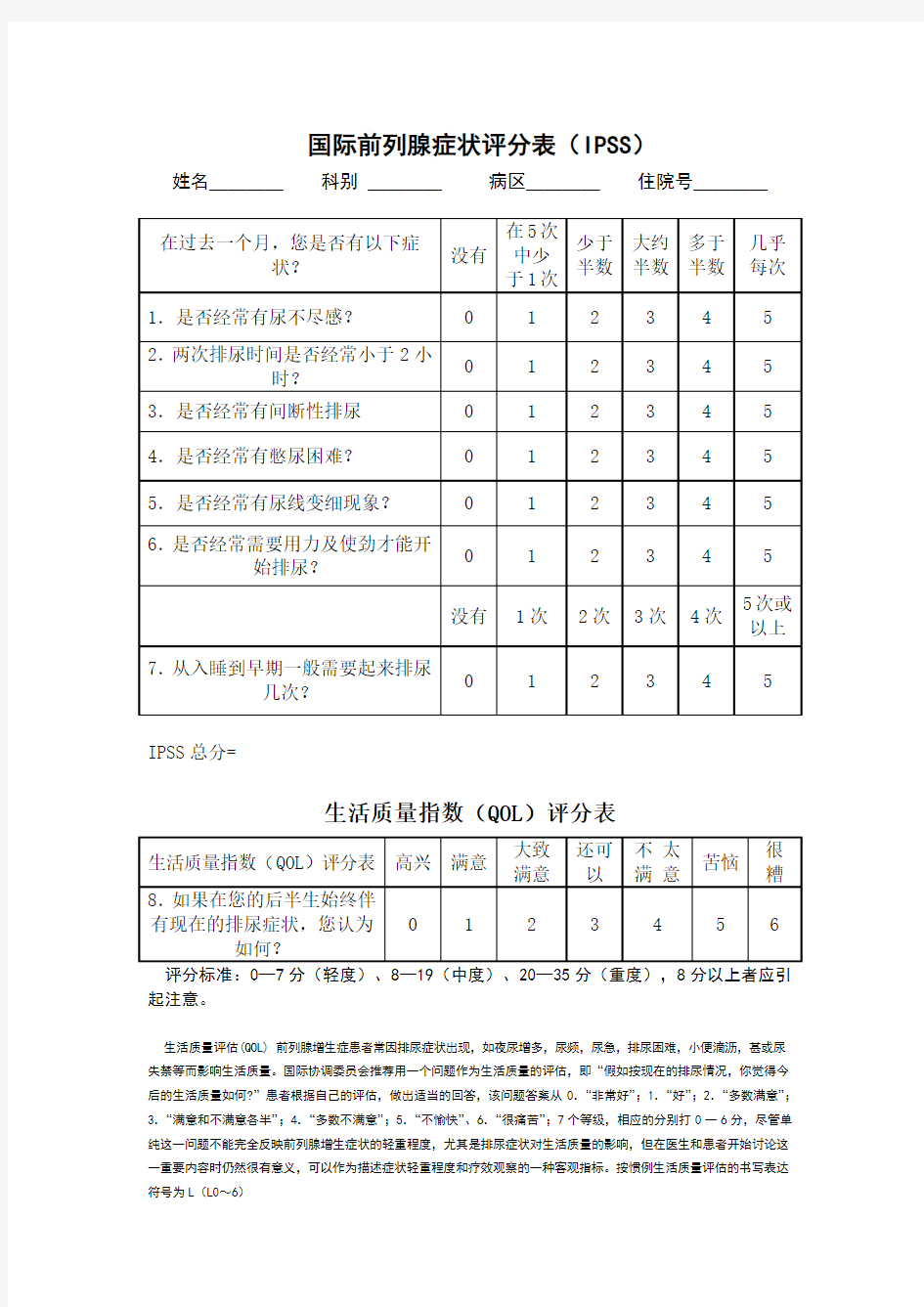 国际前列腺症状评分和生活质量表格(IPSS)