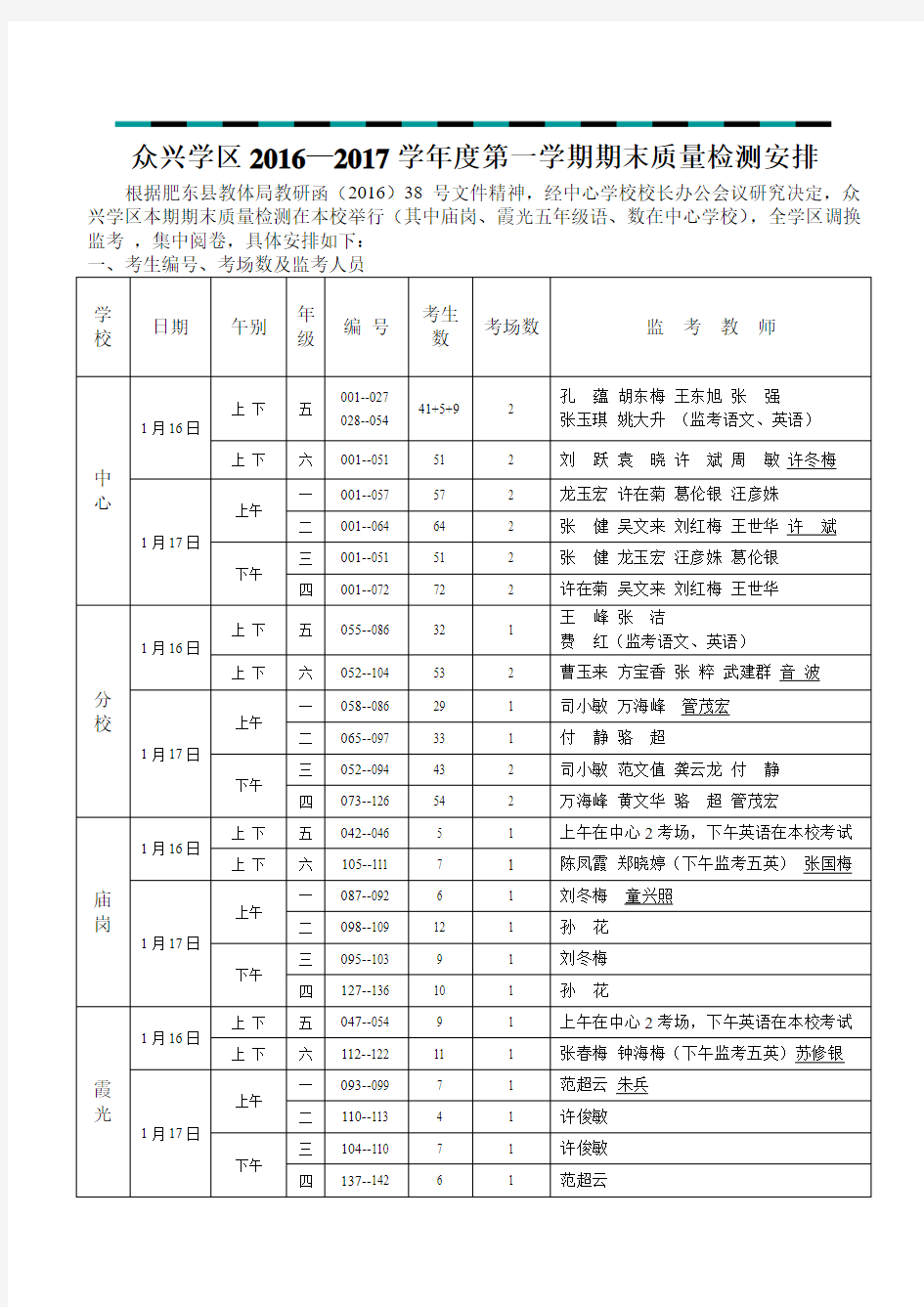 期末质量检测安排表