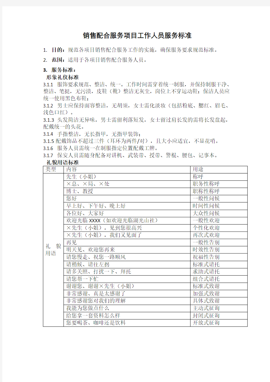 销售配合项目工作人员服务标准