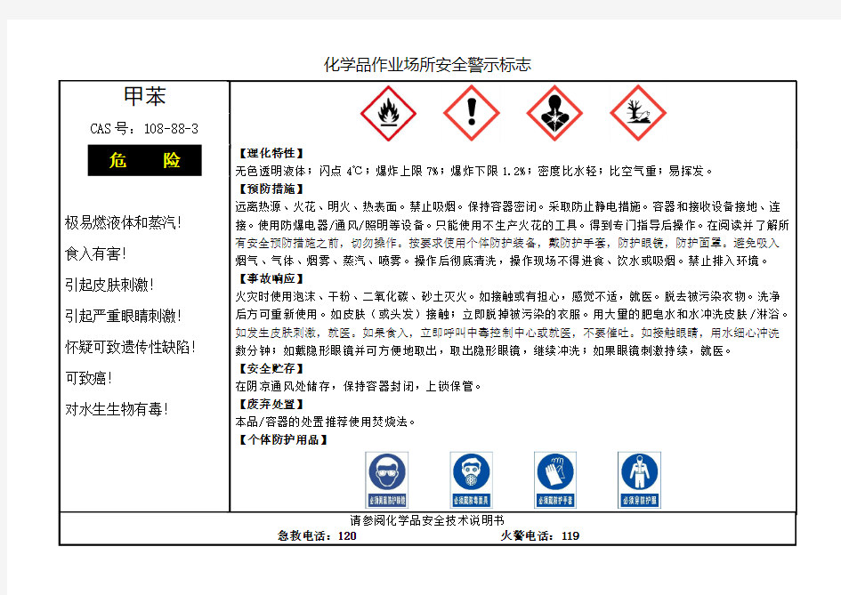 甲苯作业场所安全警示标志