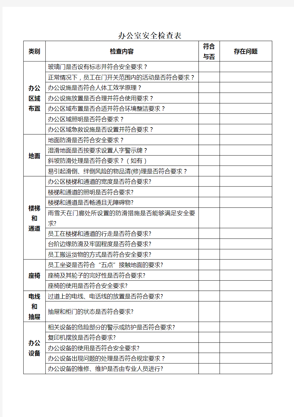 办公室安全检查表