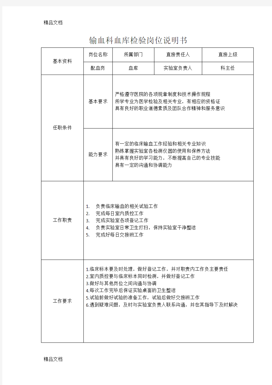 最新医院输血科岗位职责资料