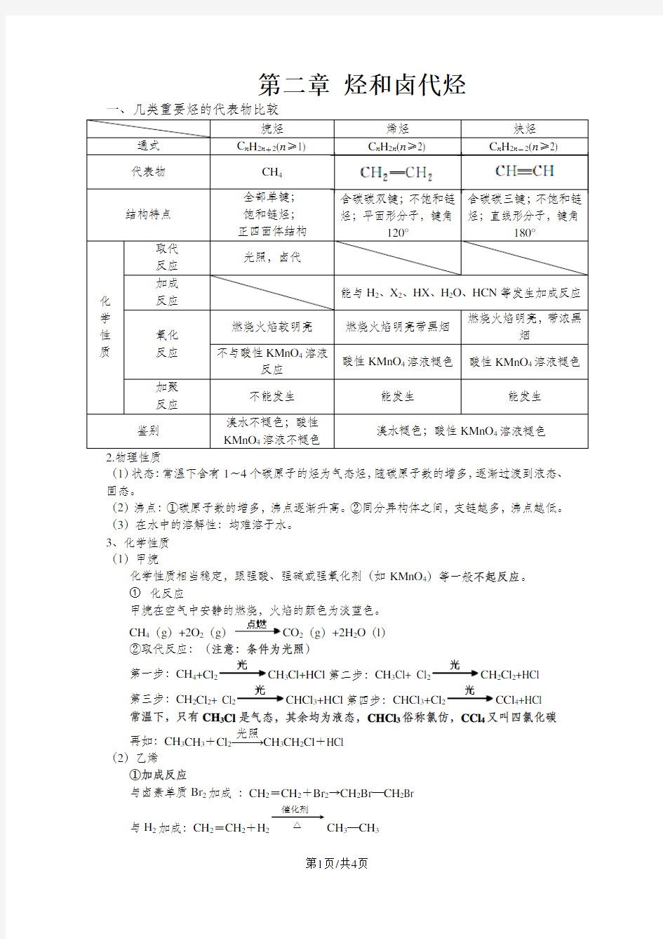 人教 高中化学选修5知识点总结：第二章烃和卤代烃