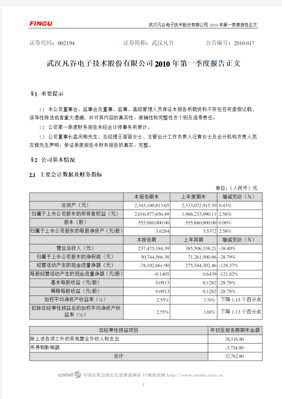 武汉凡谷电子技术股份有限公司2010年第一季度报告正文
