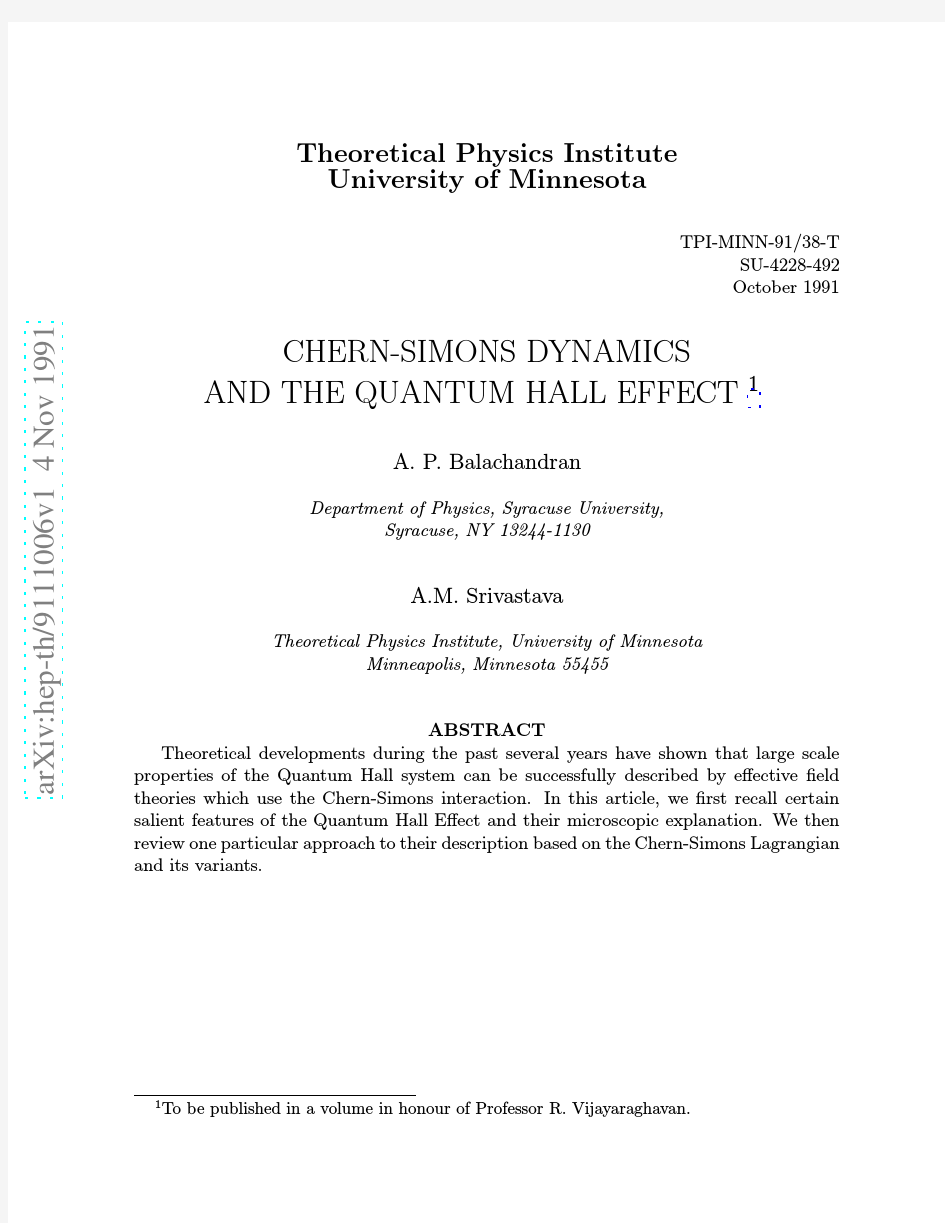 Chern-Simons Dynamics and the Quantum Hall Effect