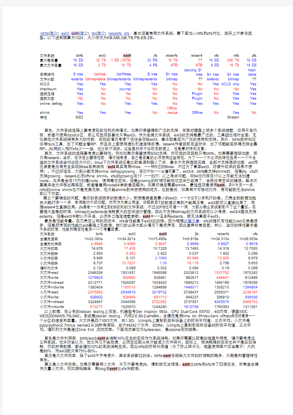 liunx(btrfs,ext3,ext4,jfs,reiserfs,xfs)文件系统比较