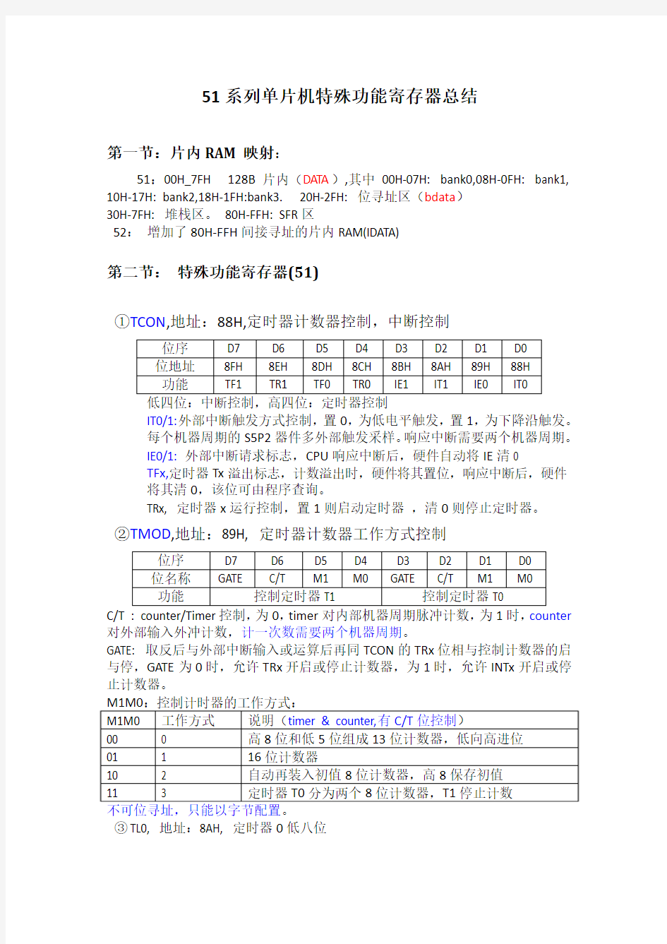 51系列单片机特殊功能寄存器总结