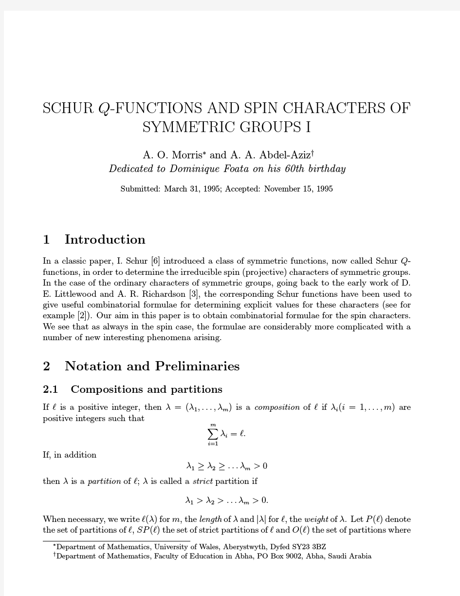 SCHUR Q-FUNCTIONS AND SPIN CHARACTERS OF SYMMETRIC GROUPS I