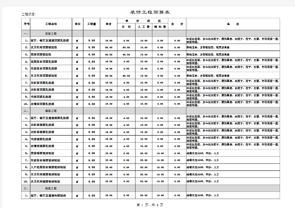 家庭装修业主自助预算表
