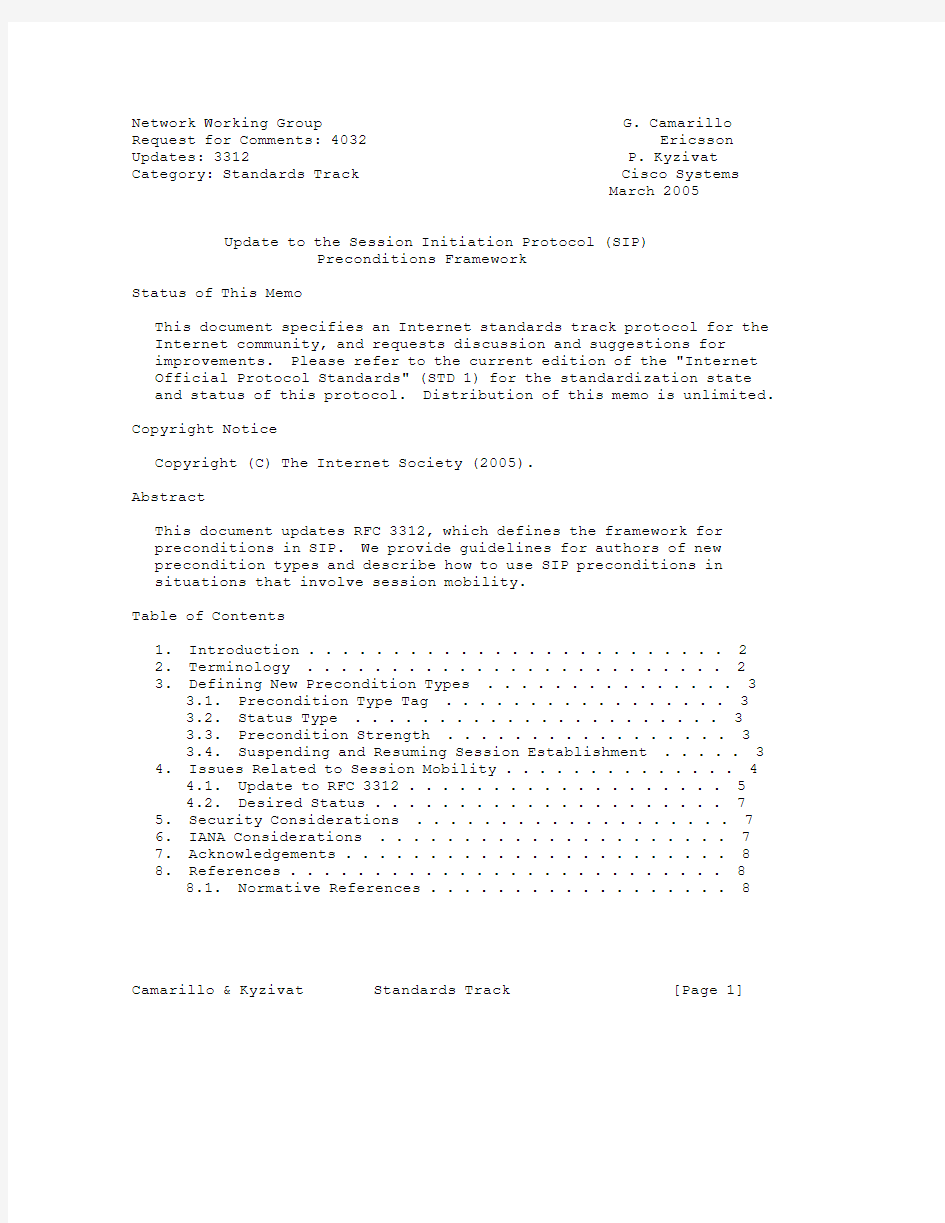 rfc4032.Update to the Session Initiation Protocol (SIP) Preconditions Framework