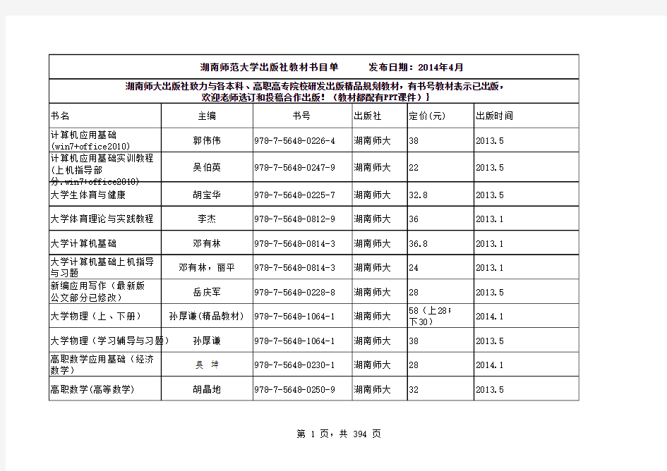 2014年秋季湖南师范大学出版社教材出版征订书目单