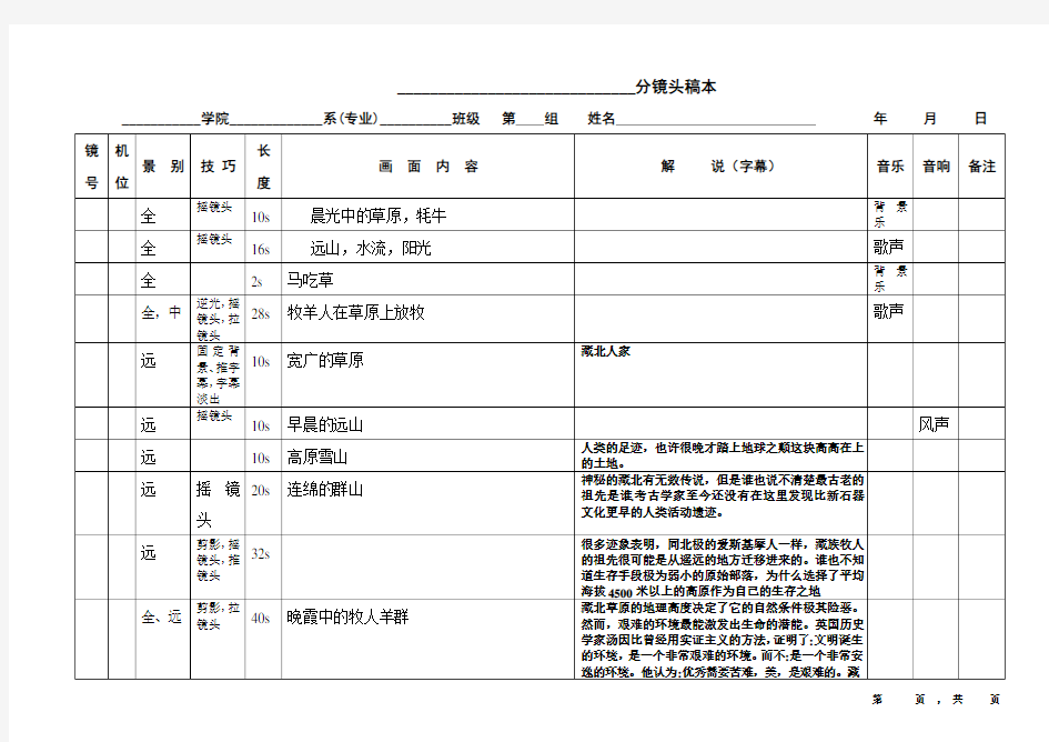 《藏北人家》纪录片——分镜头稿本