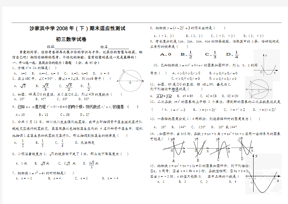 沙家浜中学2008年(下)期末适应性测试1