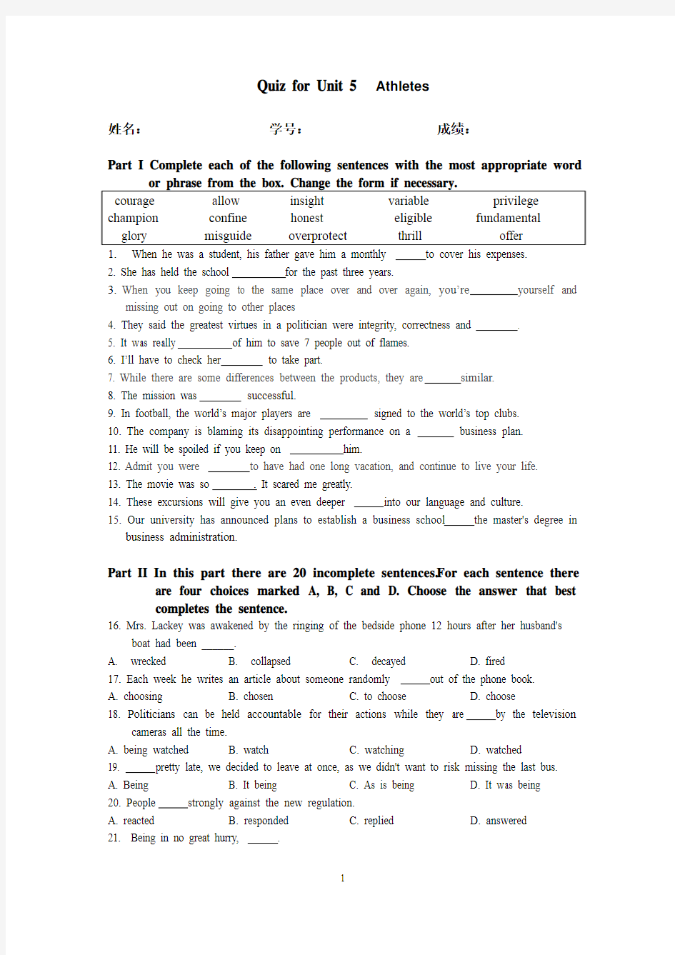 Quiz for Unit 5