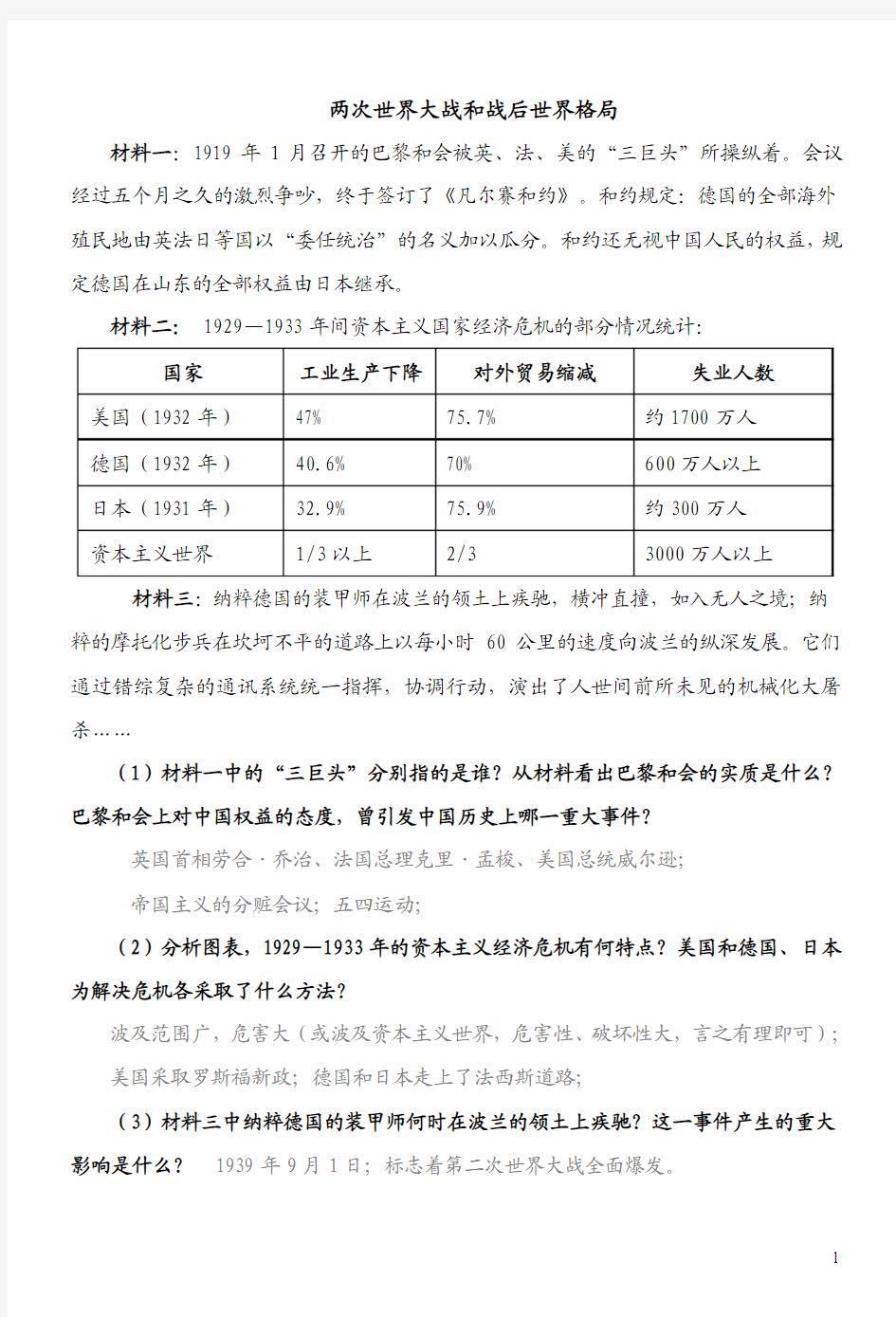 两次世界大战和战后世界格局