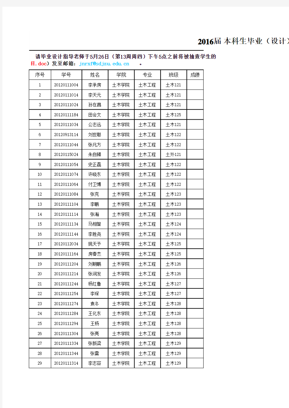 山东建筑大学2016届本科毕业设计(论文)抽查检测名单(土木学院)