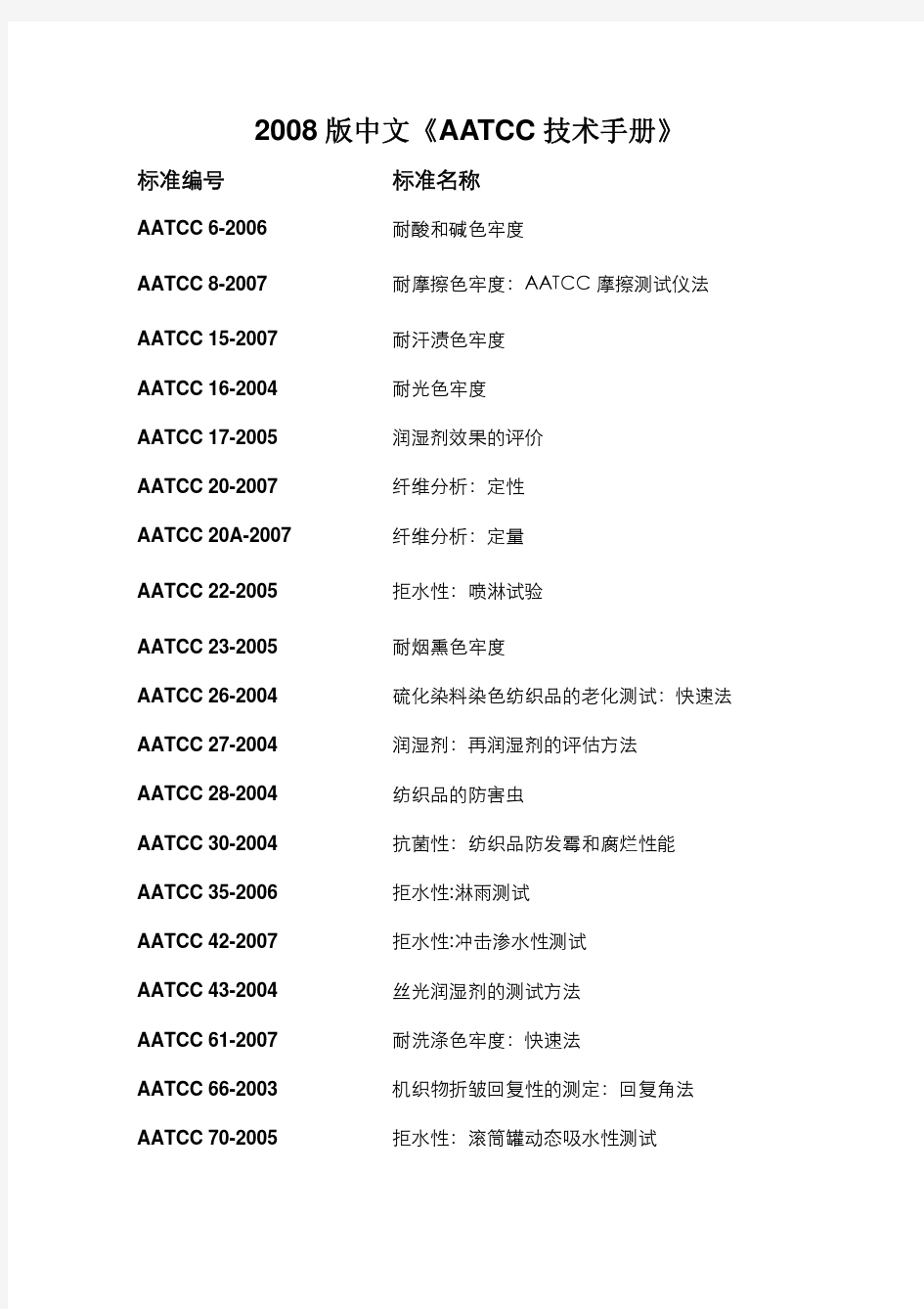 AATCC对应中文名称