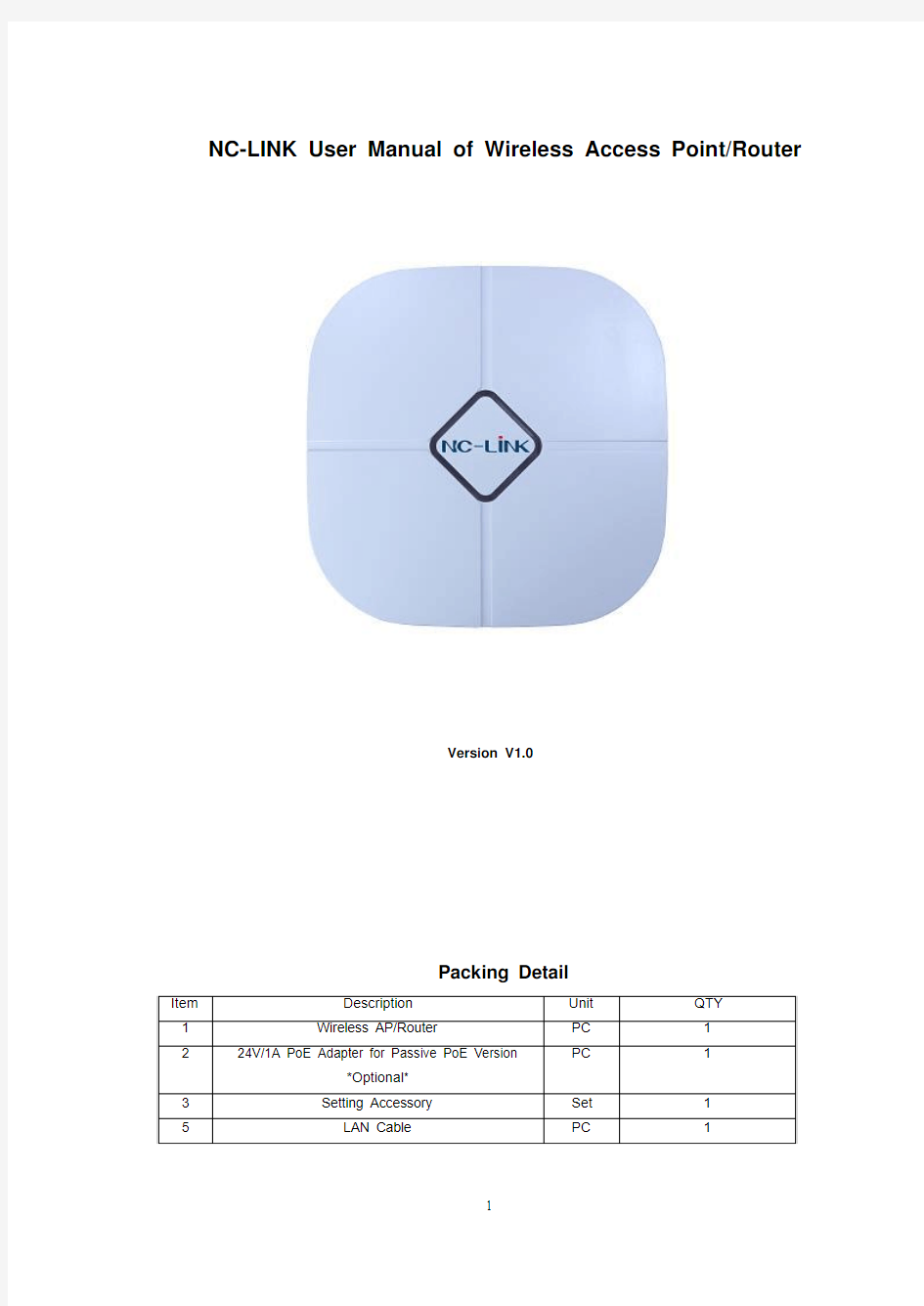 NC-LINK User Manual of Wireless Access Point and Router V1.0