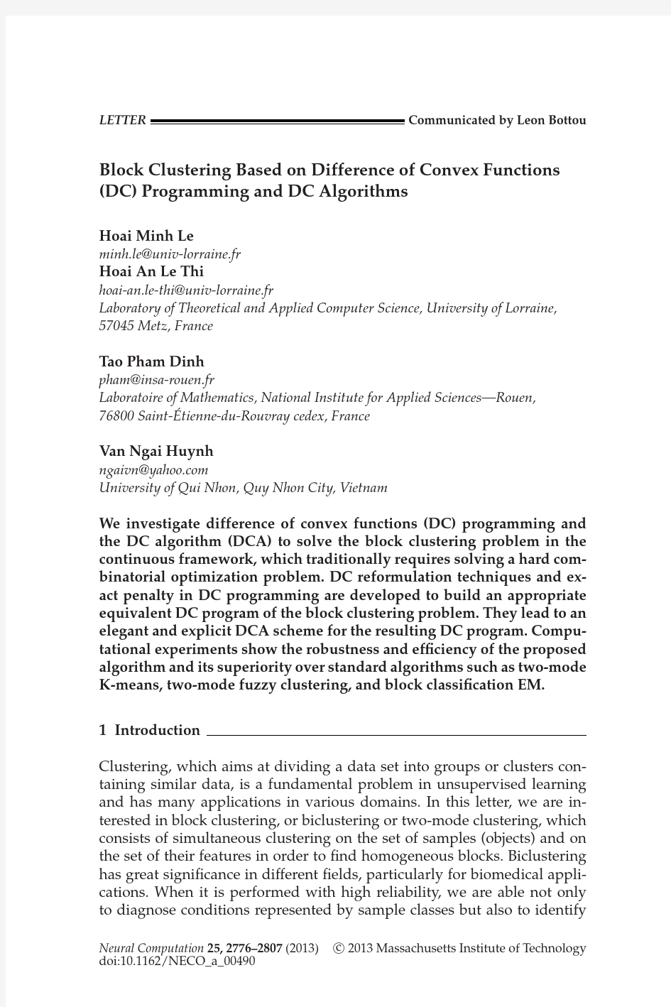 Block Clustering Based on Difference of Convex Functions (DC) Programming and DC Algorithms