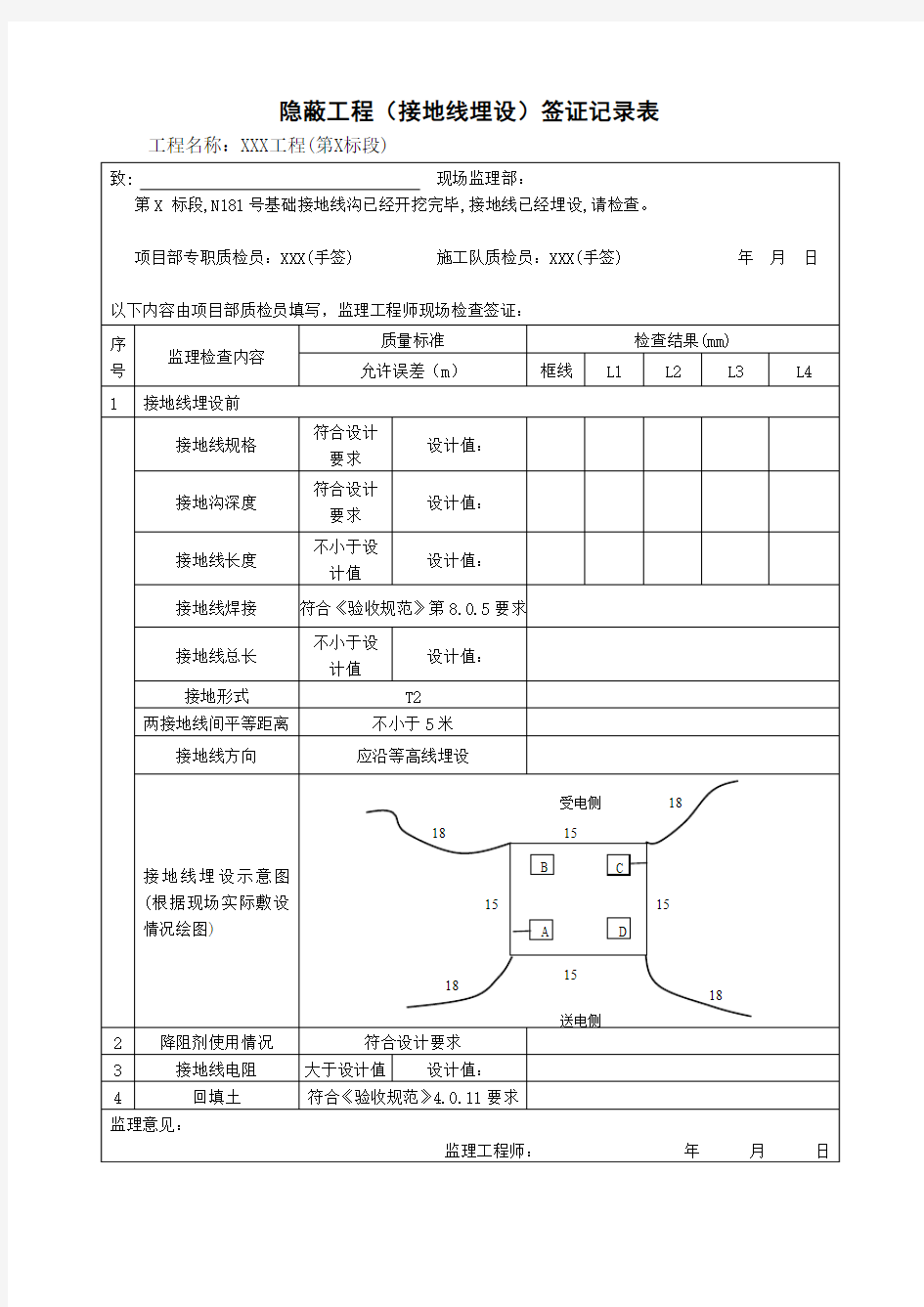 隐蔽工程(接地线埋设)签证记录表