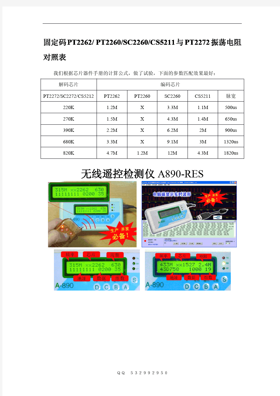 固定码PT2262,PT2260,SC2260,CS5211与PT2272振荡电阻对照表