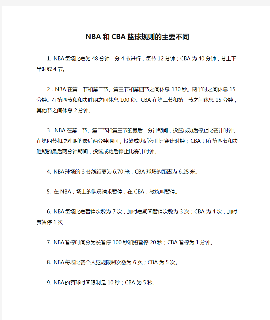 NBA和CBA篮球规则的主要不同