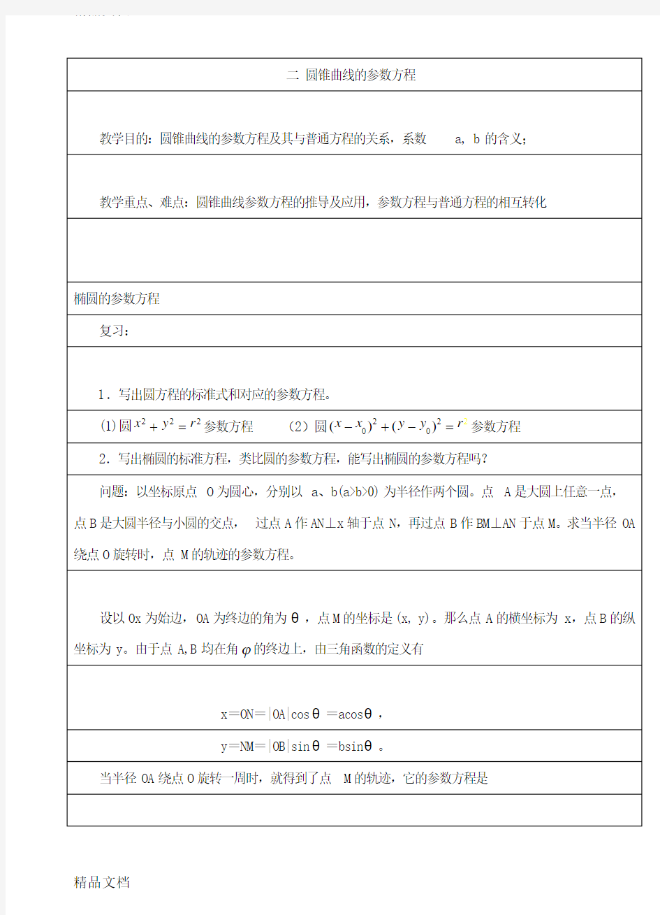 最新选修4-4-第二讲-参数方程(圆锥曲线的参数方程)-教案