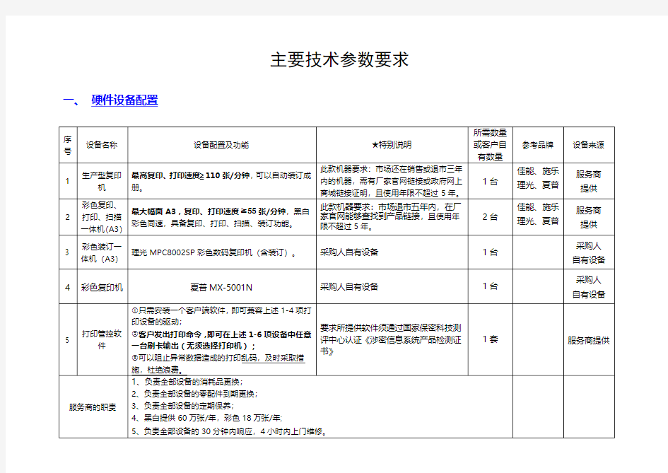 主要技术参数要求