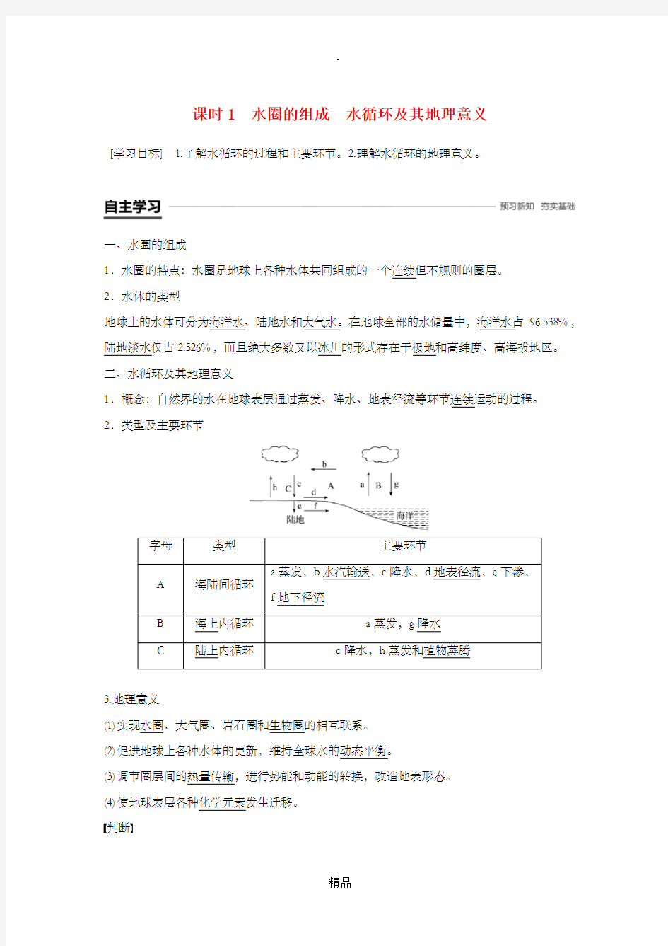 201X-201x版高中地理第二单元从地球圈层看地理环境2.3水圈和水循环第1课时学案鲁教版必修1 