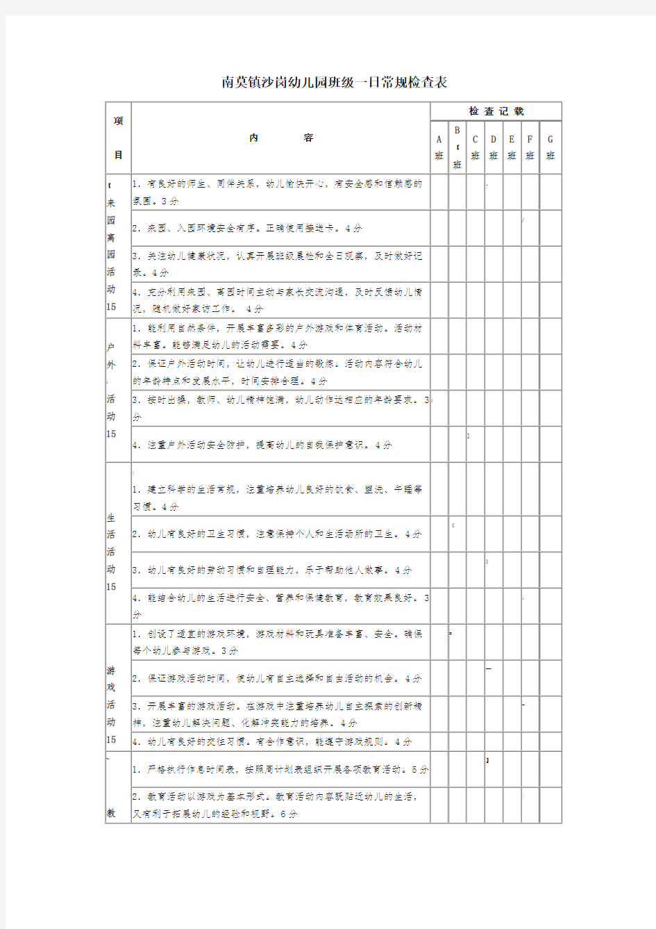 幼儿园班级一日常规检查表