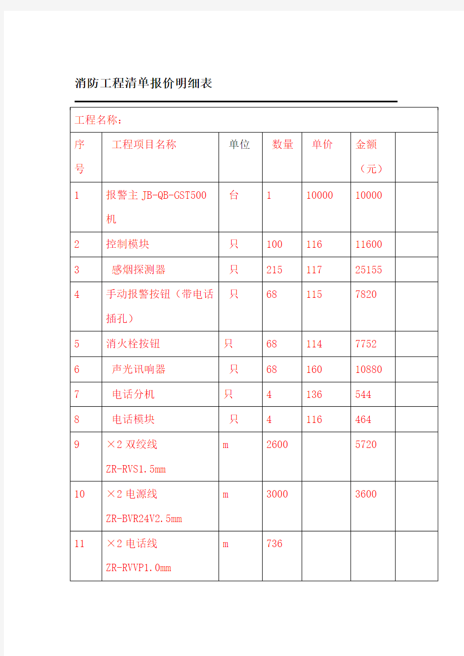 消防工程清单报价明细表