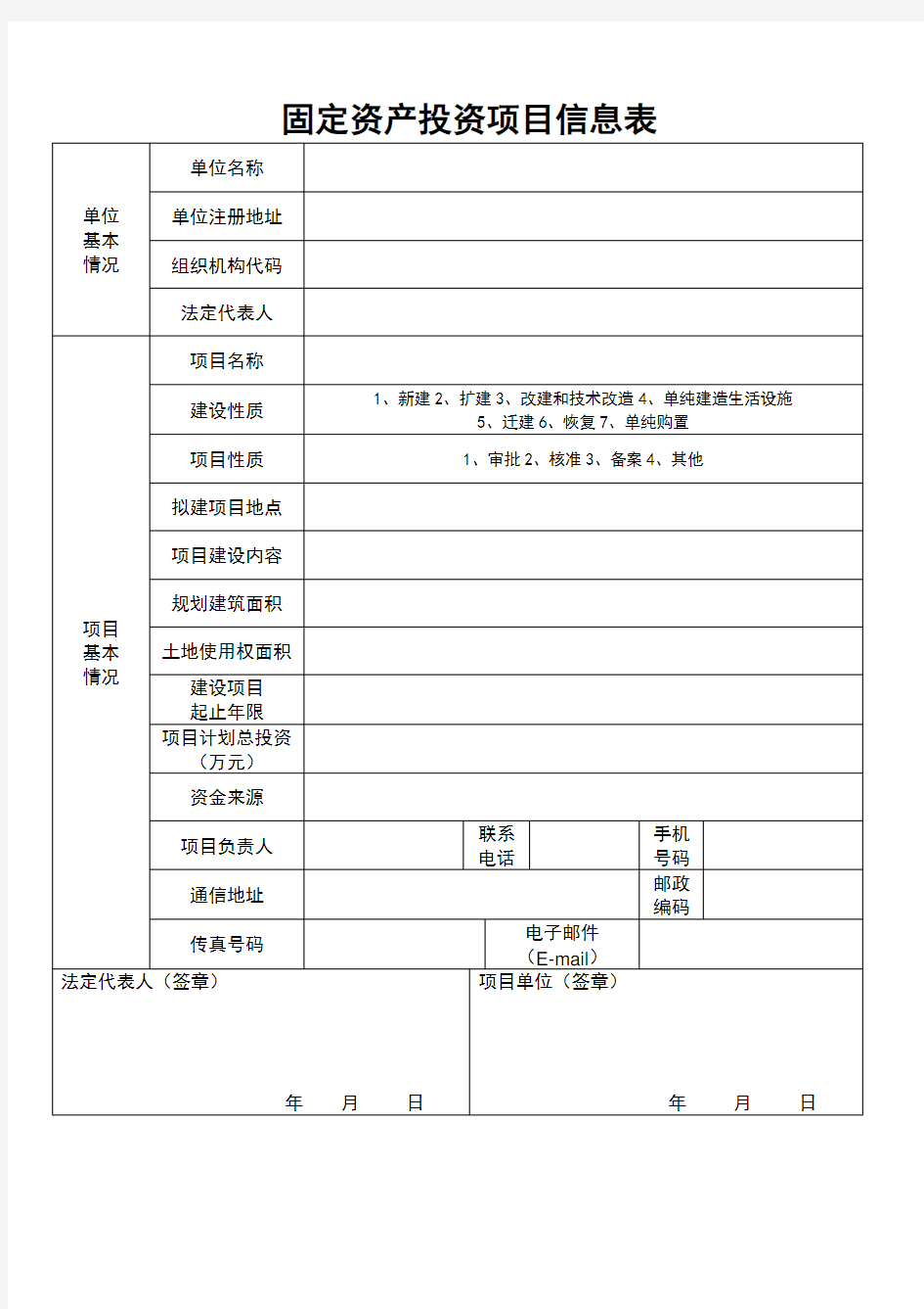 固定资产投资项目信息表