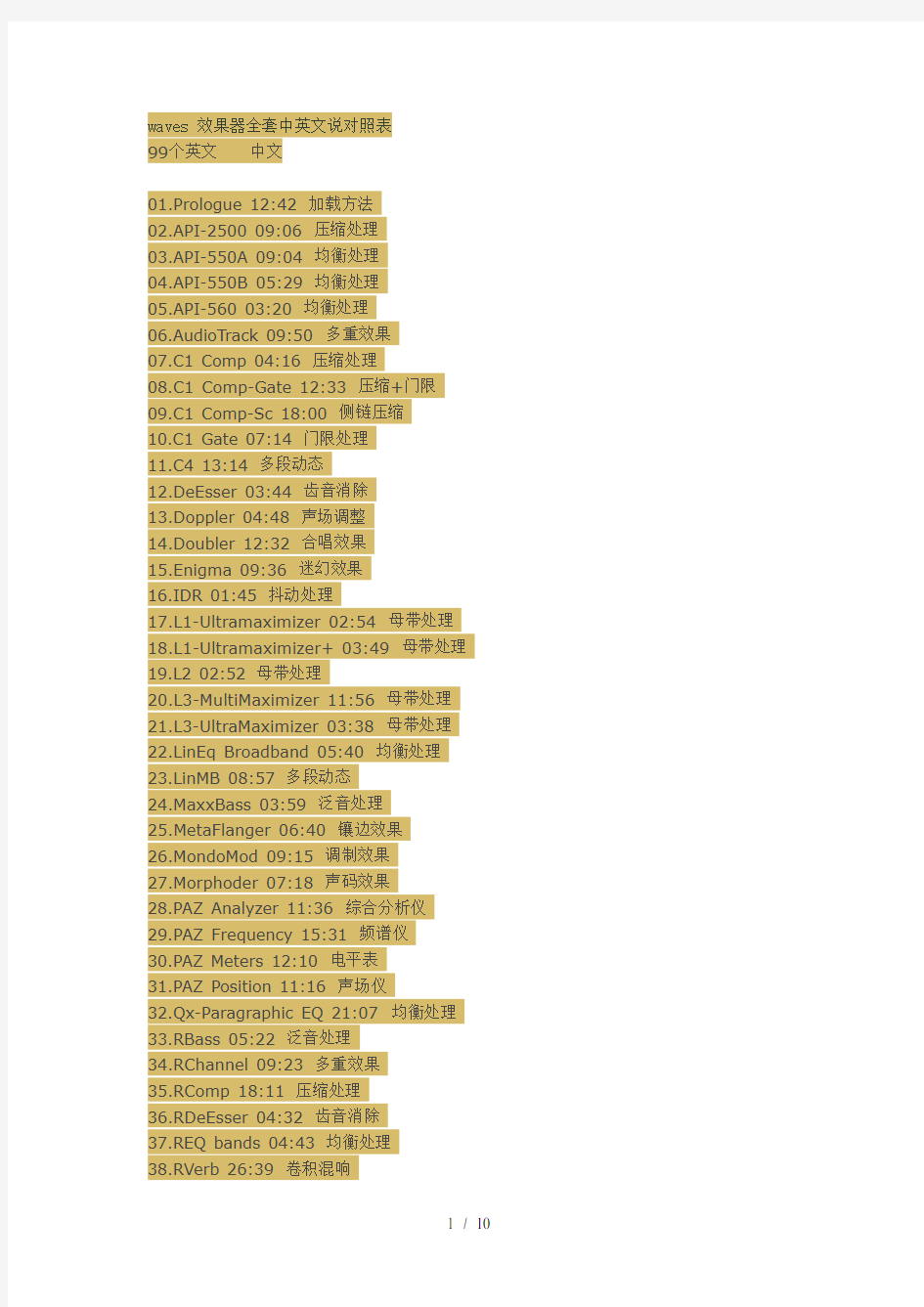 waves-效果器中英文说对照表